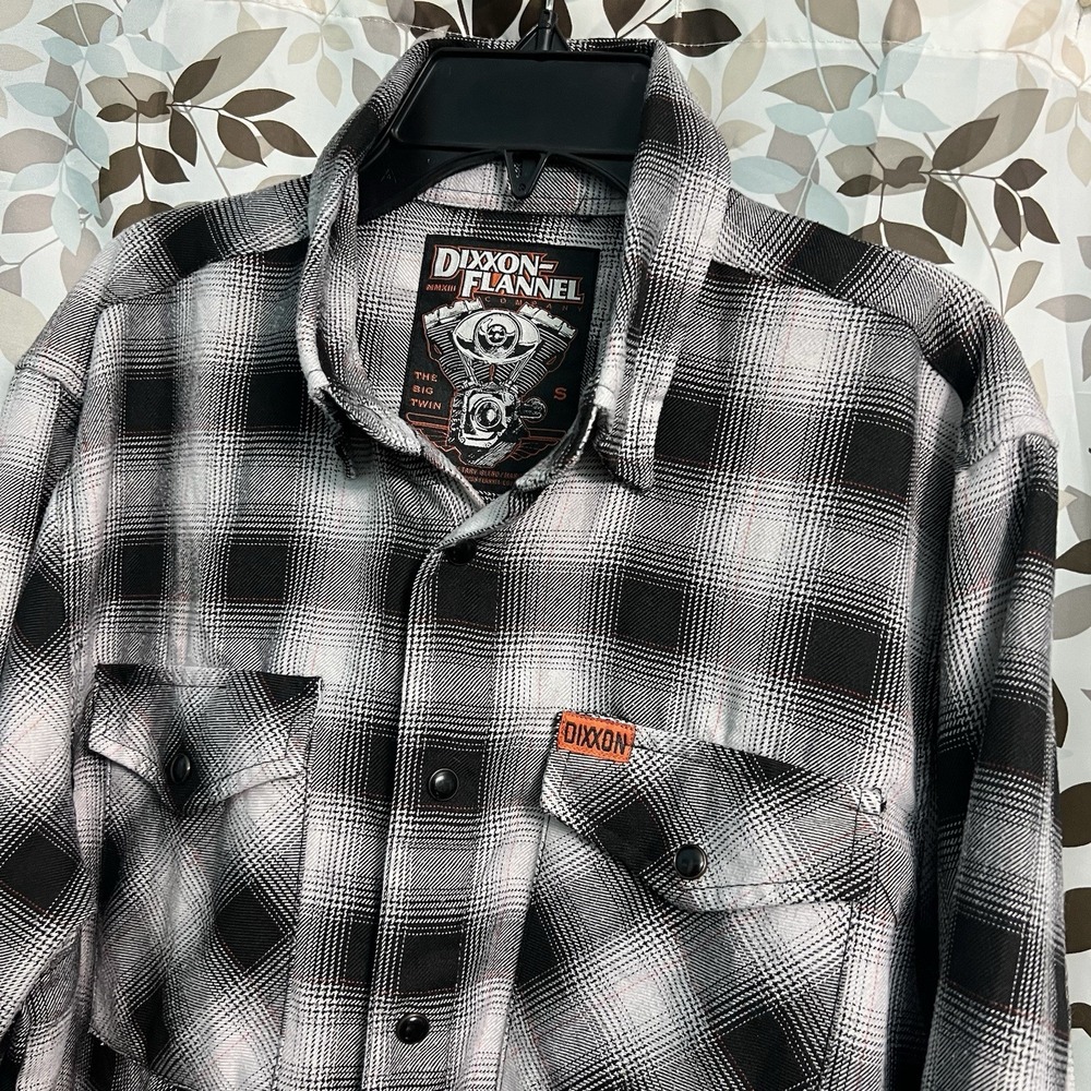 Dixxon The Big Twin Flannel Shirt Mens Small Black Gray White Plaid Pearl Snap